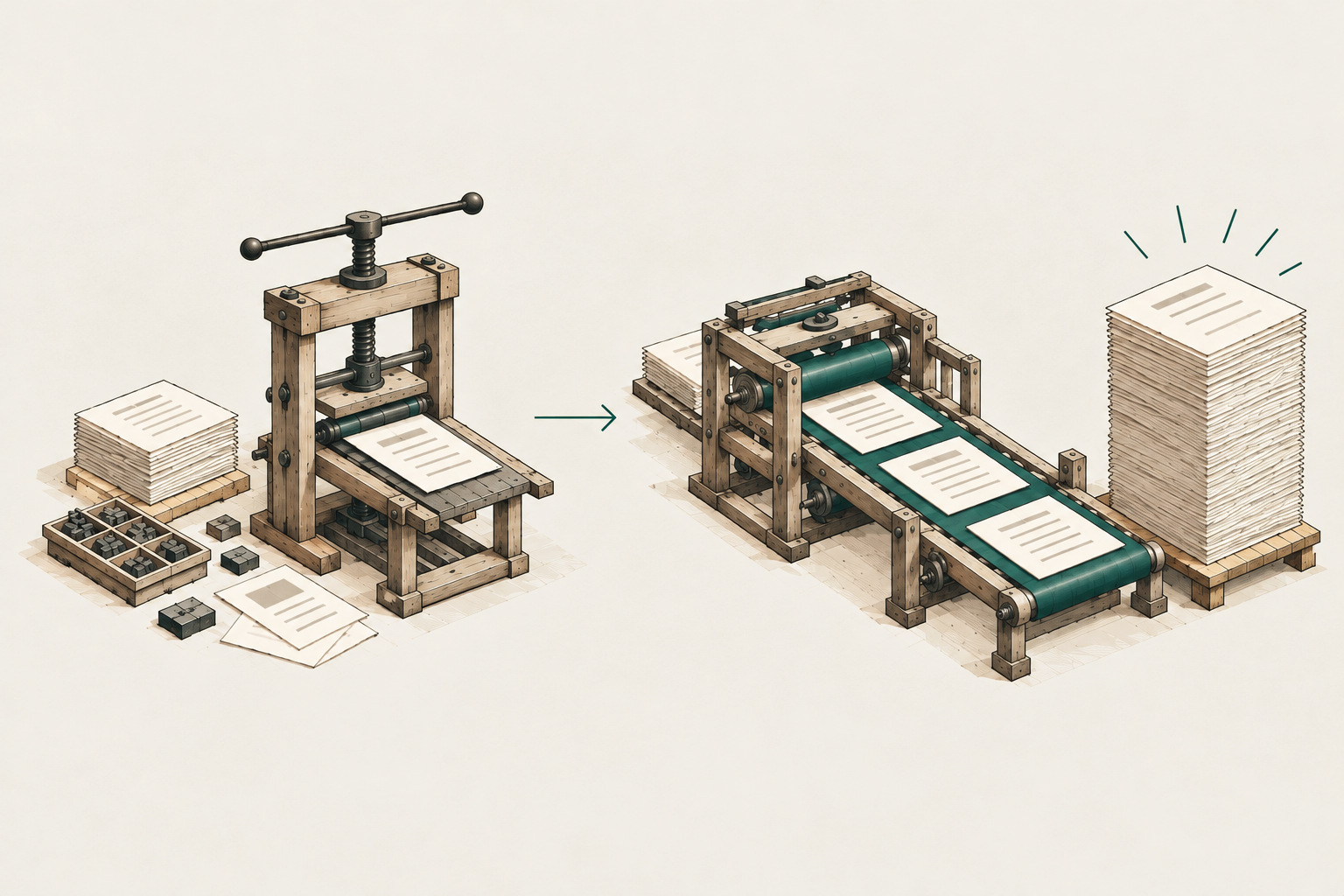 Left: a hand-operated printing press with a tray of type and a small stack of sheets. Right: the same press mechanised with a belt, feeding a much taller stack.